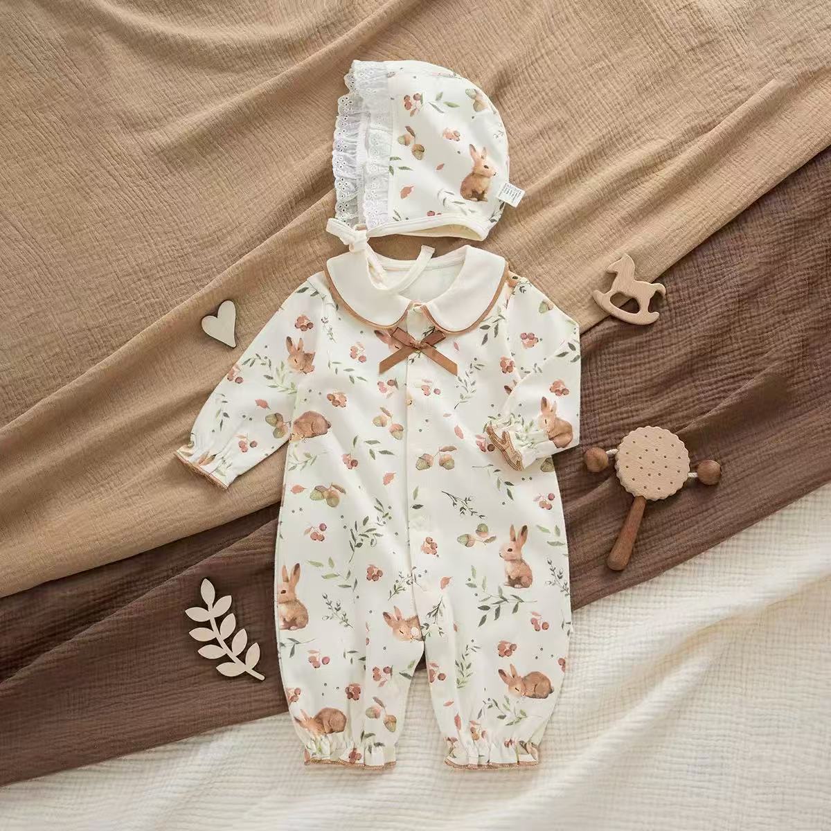 100% Organic Cotton Watercolour Bunny Print Baby Romper 2Pcs Set