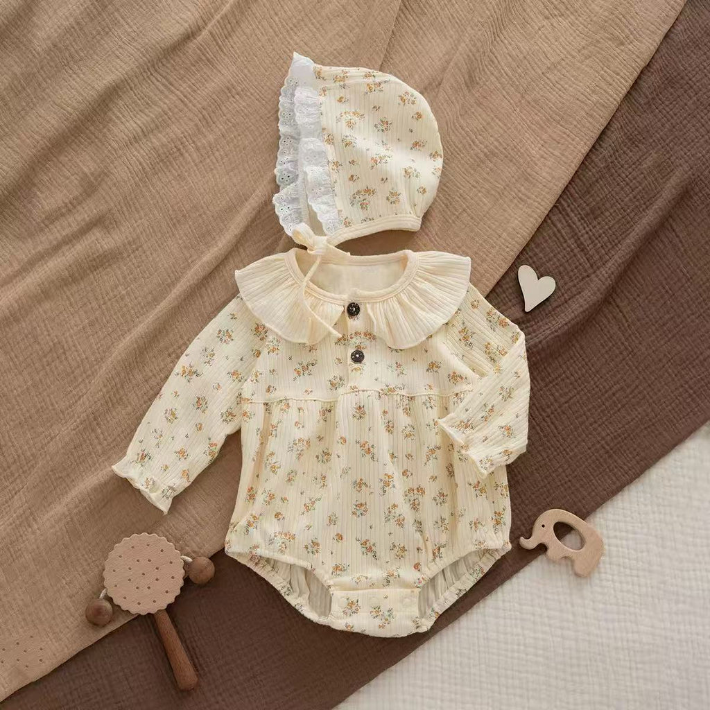 Ruffle Collar Floral Long Sleeve Baby Onesie 2Pcs Set