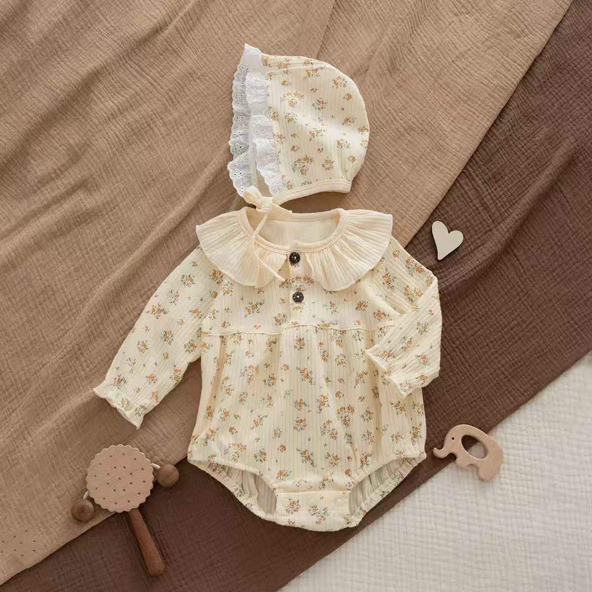 Ruffle Collar Floral Long Sleeve Baby Onesie 2Pcs Set