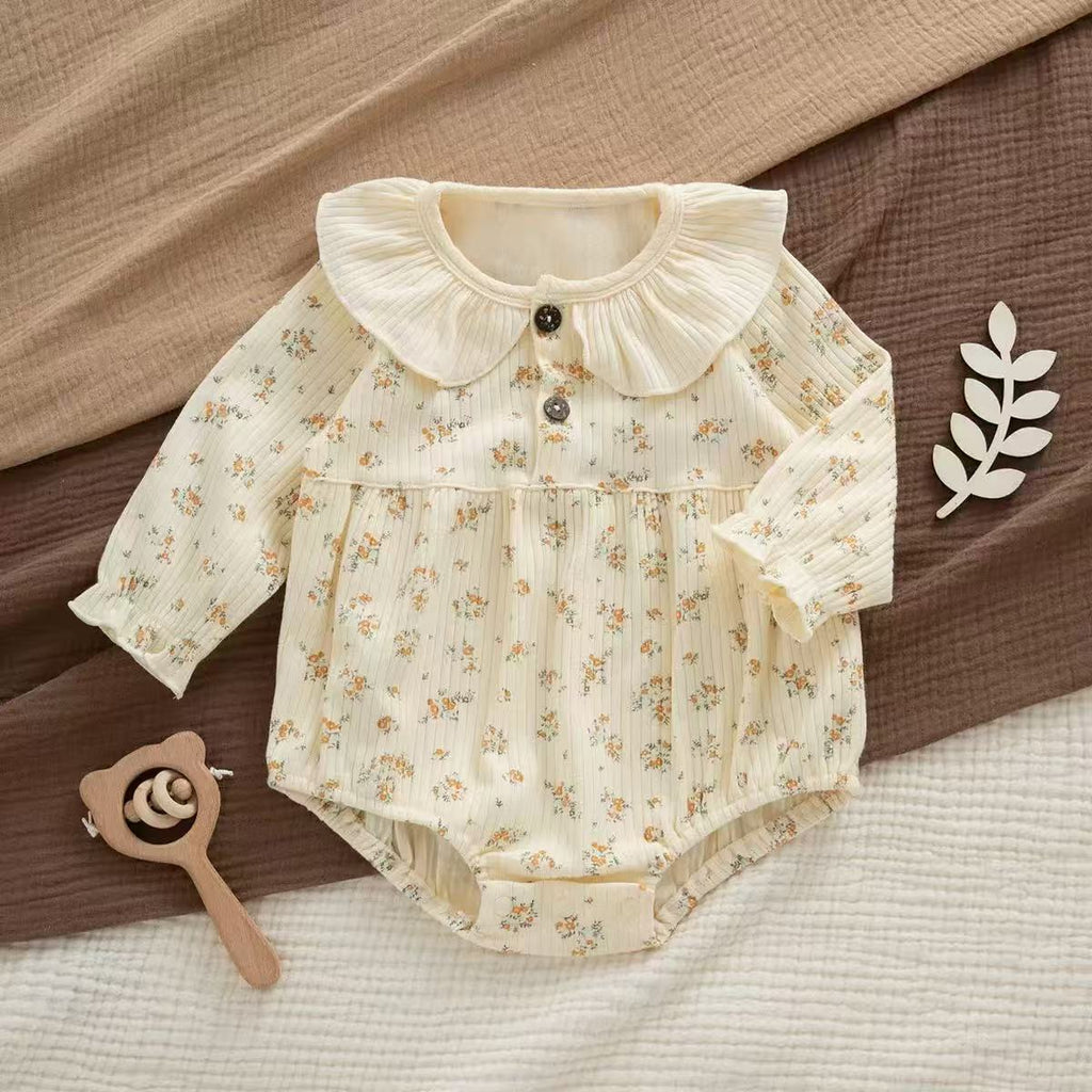Ruffle Collar Floral Long Sleeve Baby Onesie 2Pcs Set