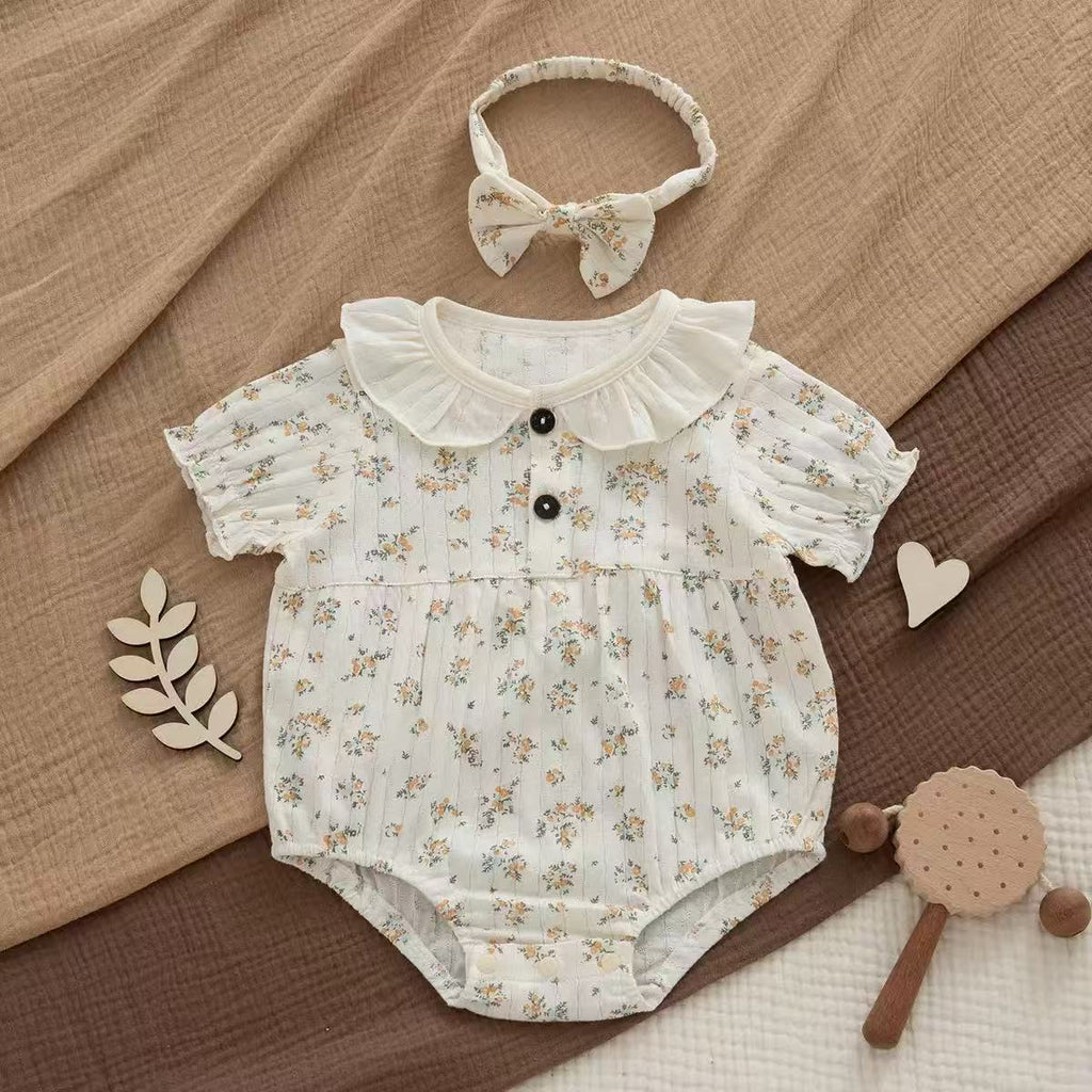 100% Organic Cotton Ruffle Collar Ditsy Floral Baby Onesie 2Pcs Set