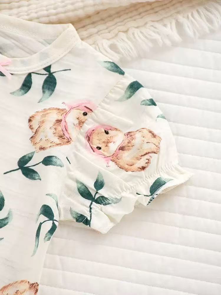100% Organic Cotton Short Sleeve Bunny Print Baby Romper 2Pcs Set