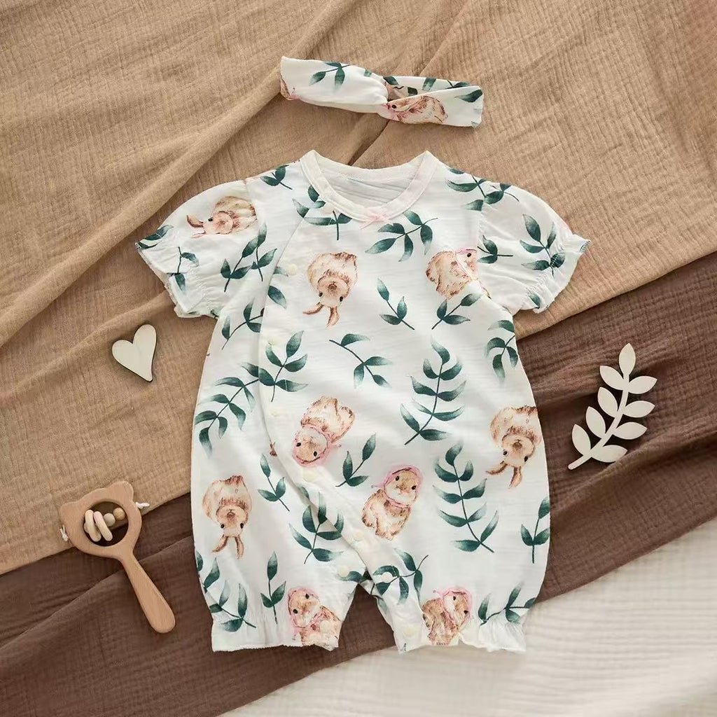 100% Organic Cotton Short Sleeve Bunny Print Baby Romper 2Pcs Set