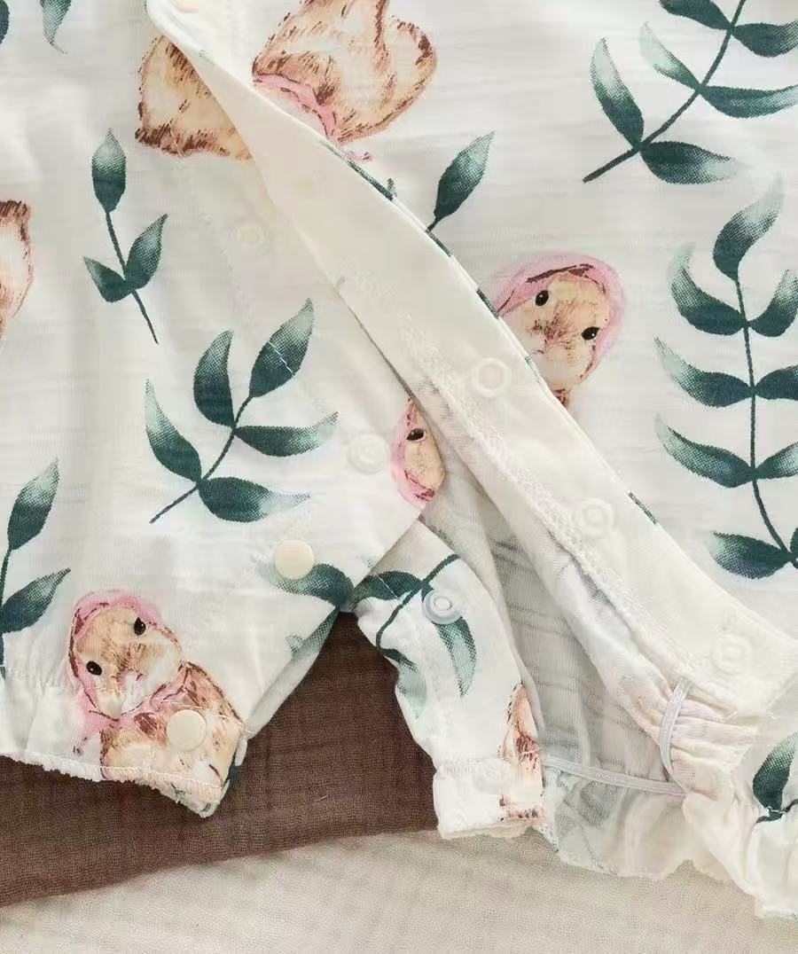 100% Organic Cotton Short Sleeve Bunny Print Baby Romper 2Pcs Set