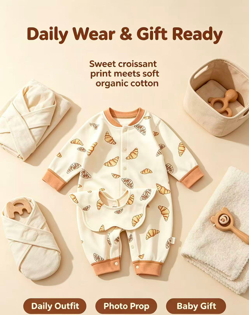 100% Organic Cotton Croissant Print Baby Romper 3Pcs Set
