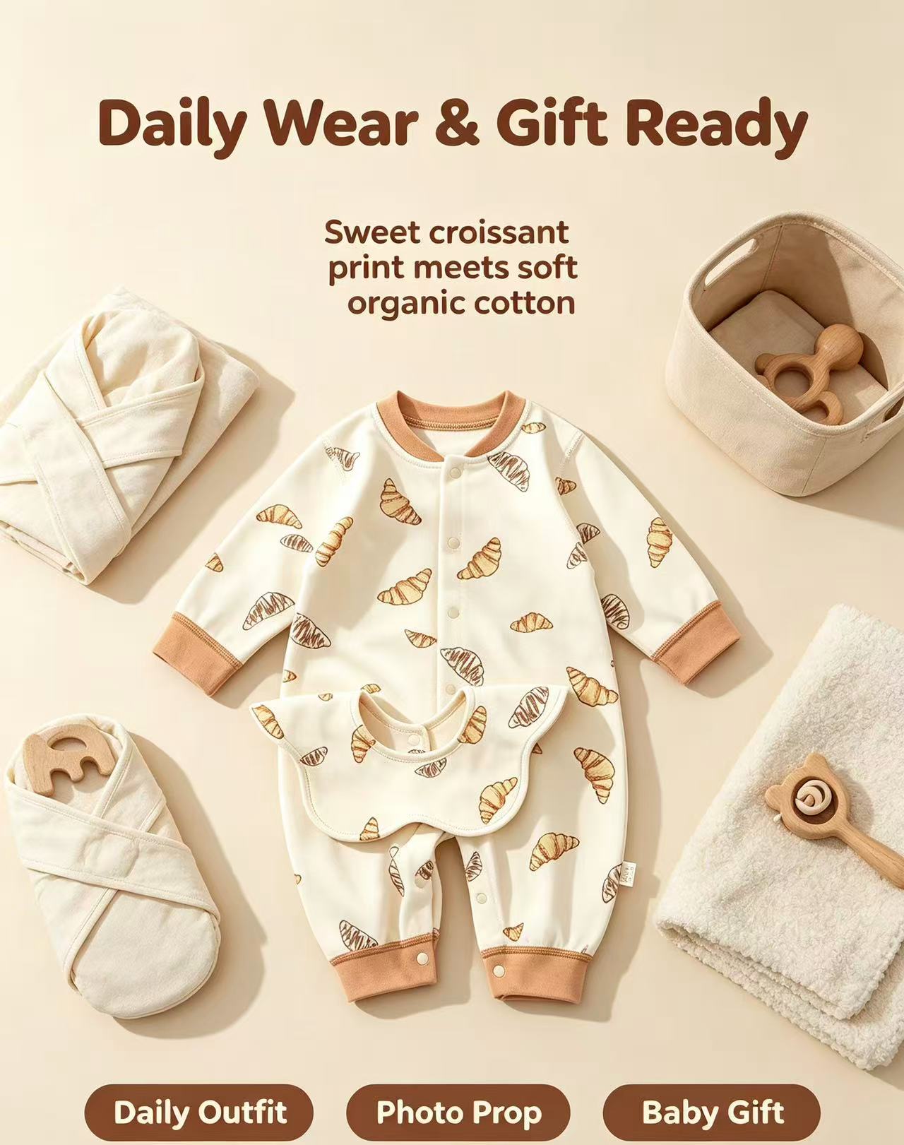 100% Organic Cotton Croissant Print Baby Romper 3Pcs Set