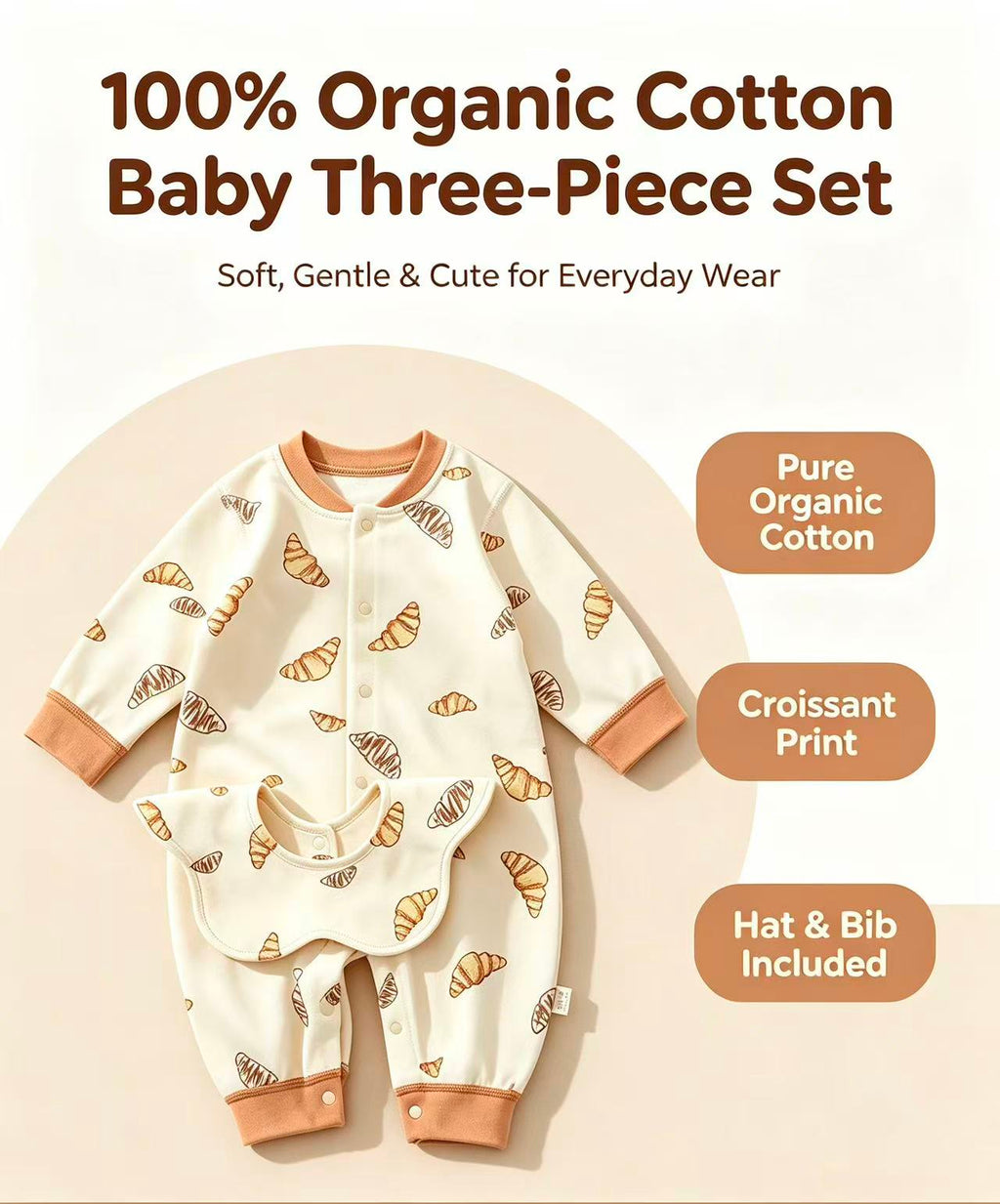 100% Organic Cotton Croissant Print Baby Romper 3Pcs Set