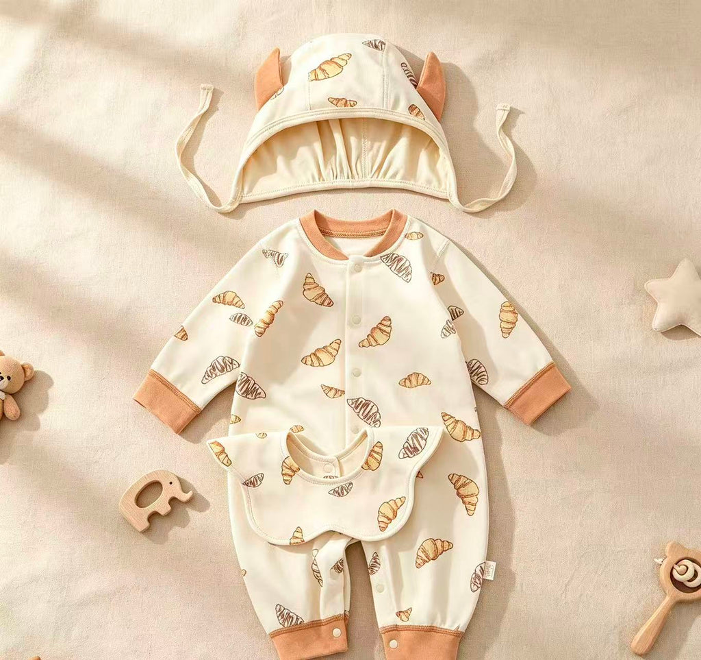 100% Organic Cotton Croissant Print Baby Romper 3Pcs Set