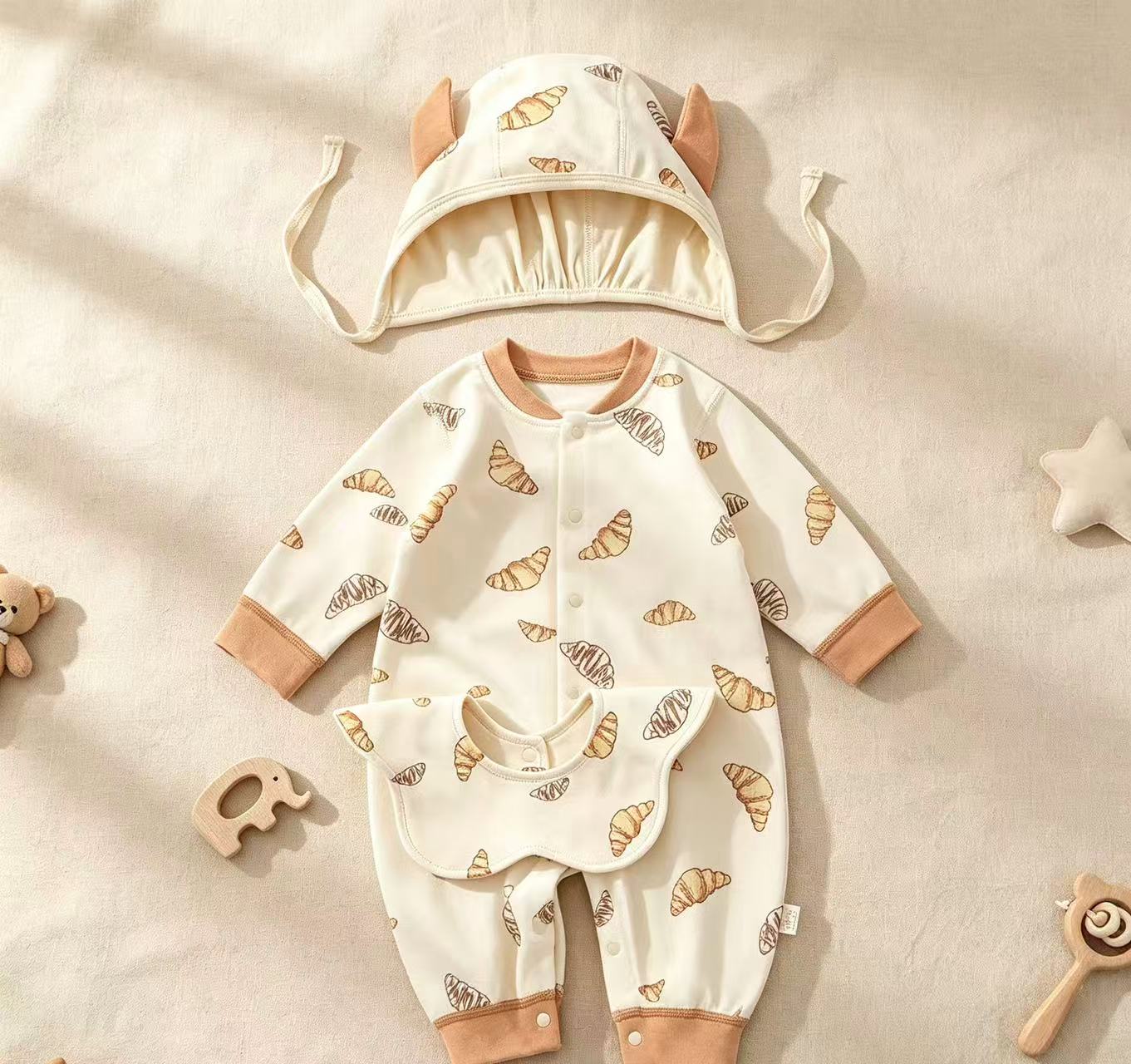 100% Organic Cotton Croissant Print Baby Romper 3Pcs Set
