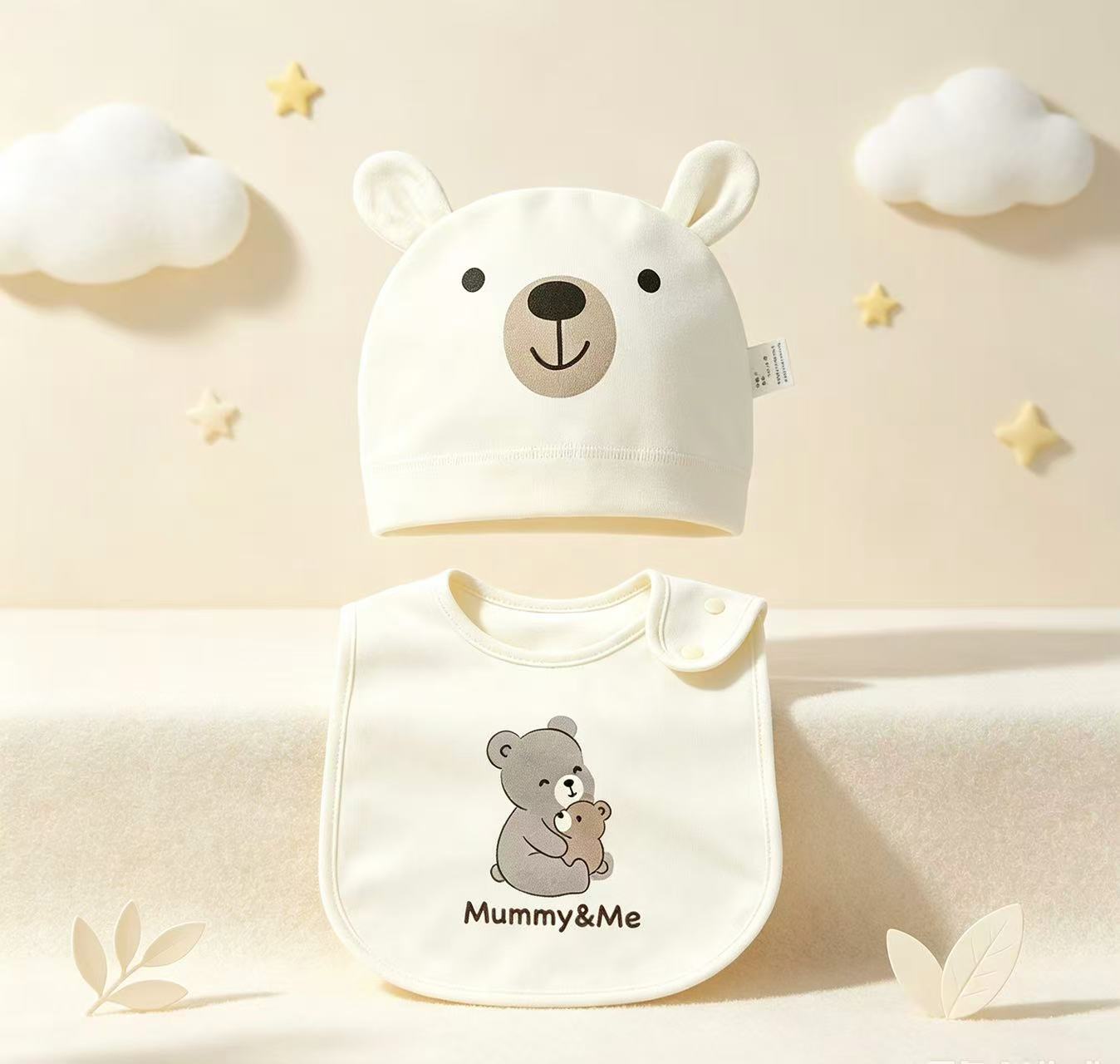 100% Organic Cotton Mummy & Me Bear Print Baby Ear Hat & Bib 2Pcs Set