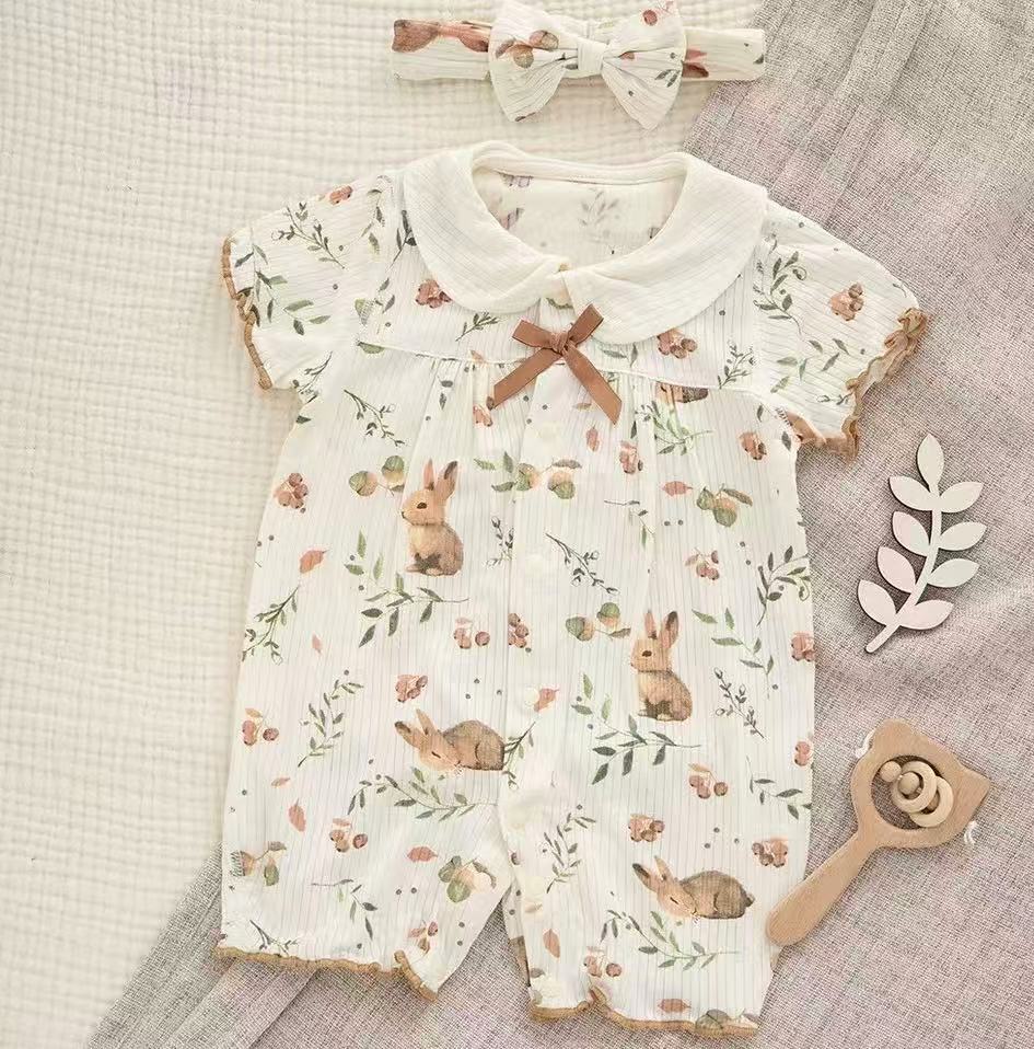 Organic Cotton Bamboo Bunny Print Romper & Bow Headband 2Pcs Set