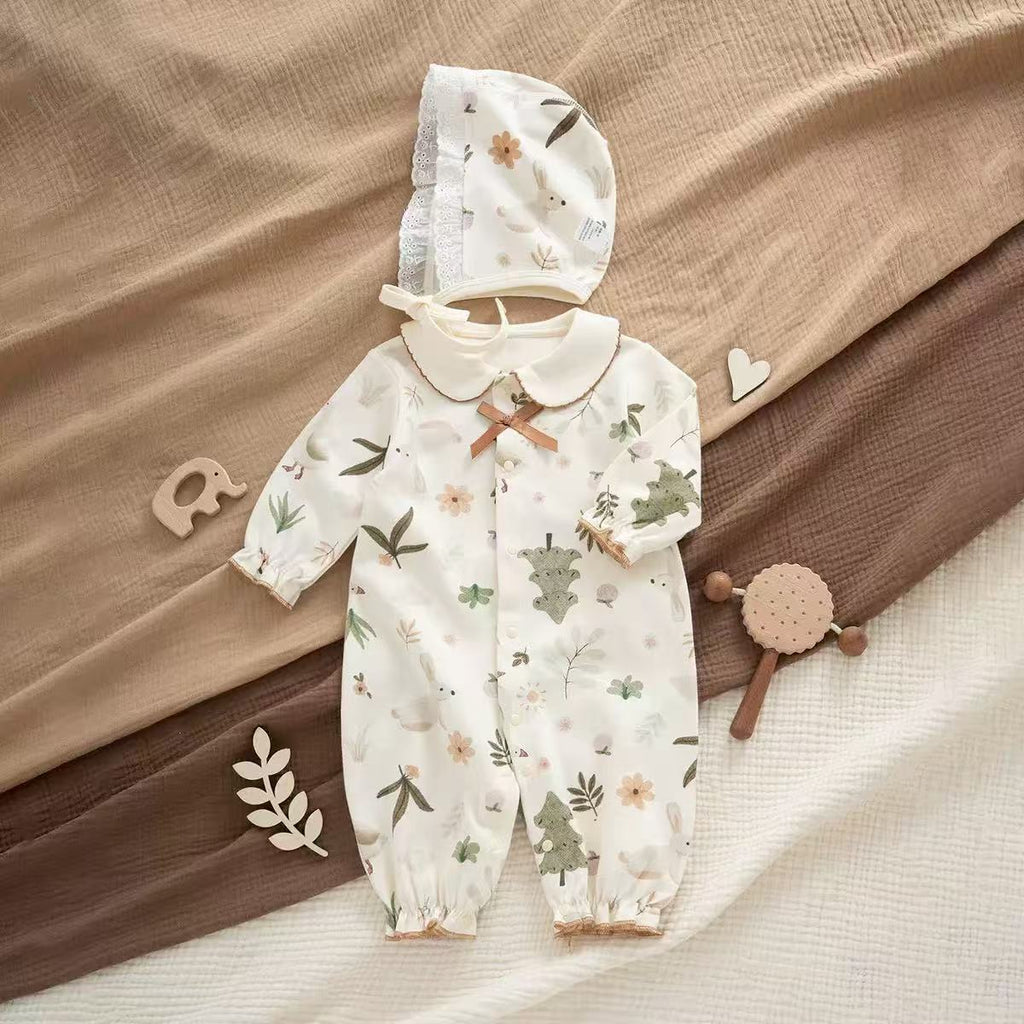 100% Organic Cotton Forest Bunny & Duck Print Baby Romper 2Pcs Set