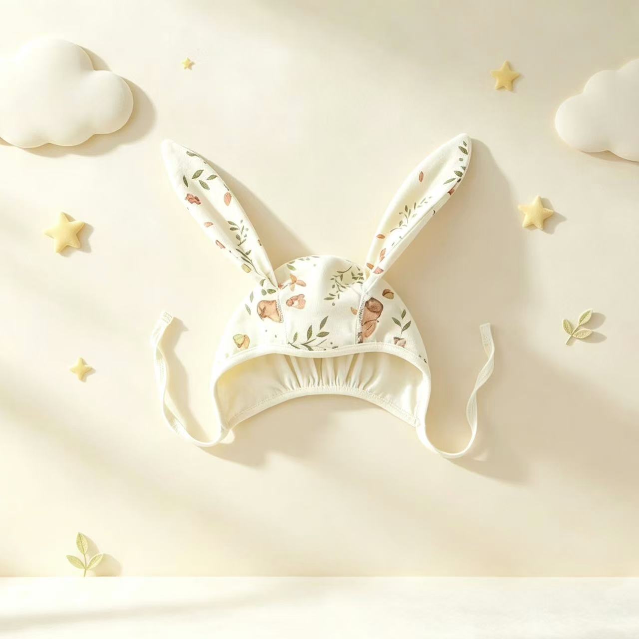 100% Organic Cotton Woodland Bunny Print Ear Baby Bonnet
