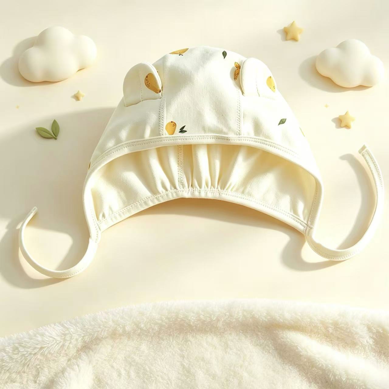100% Organic Cotton Pear Print Bear Ear Baby Bonnet