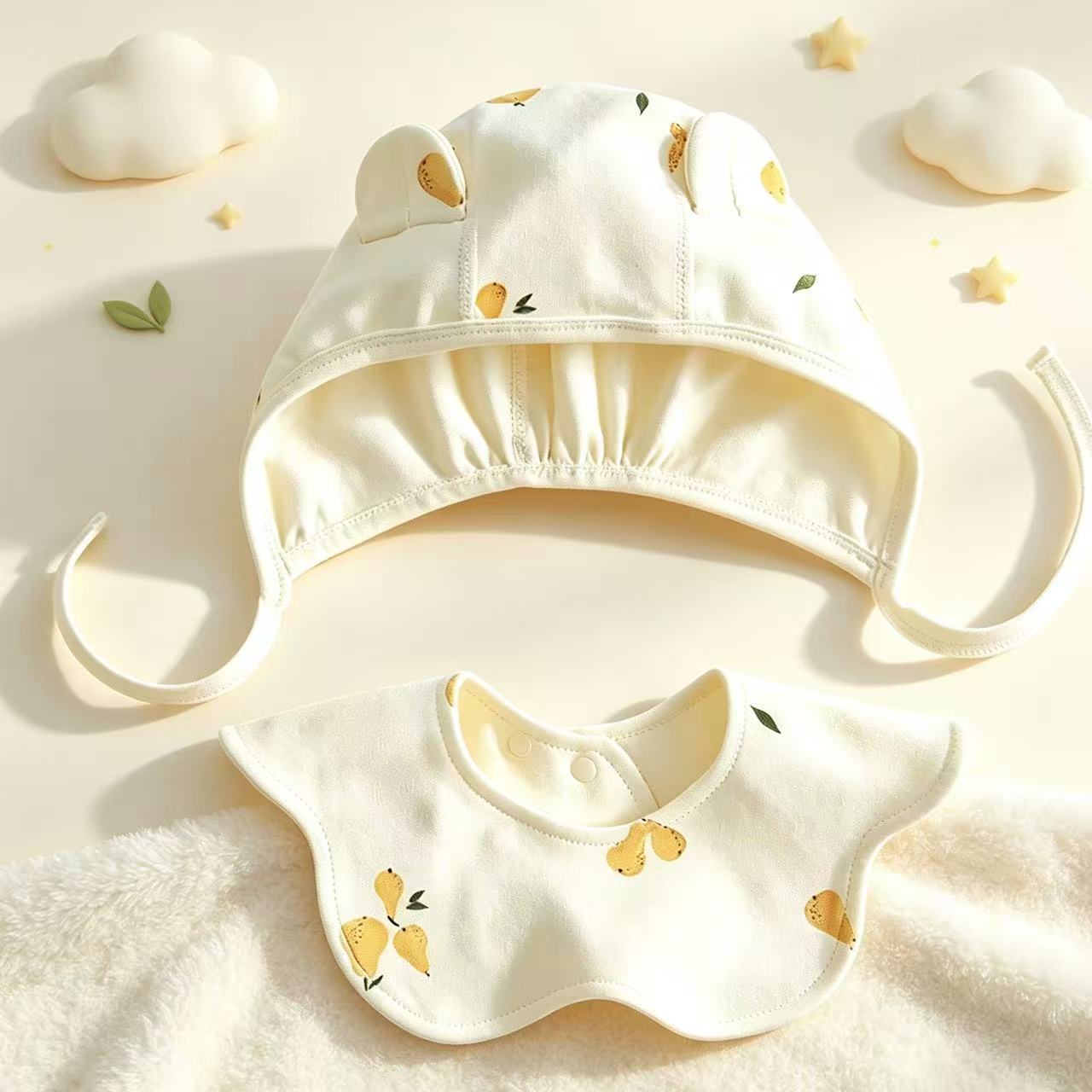 100% Organic Cotton Pear Print Baby Ear Bonnet & Bib 2Pcs Set