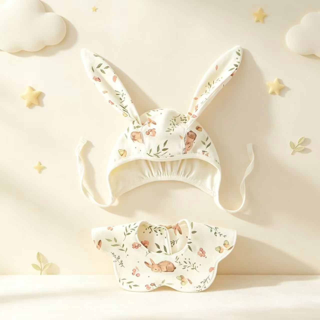 100% Organic Cotton Watercolour Bunny Print Baby Long Ear Bonnet & Bib 2Pcs Set