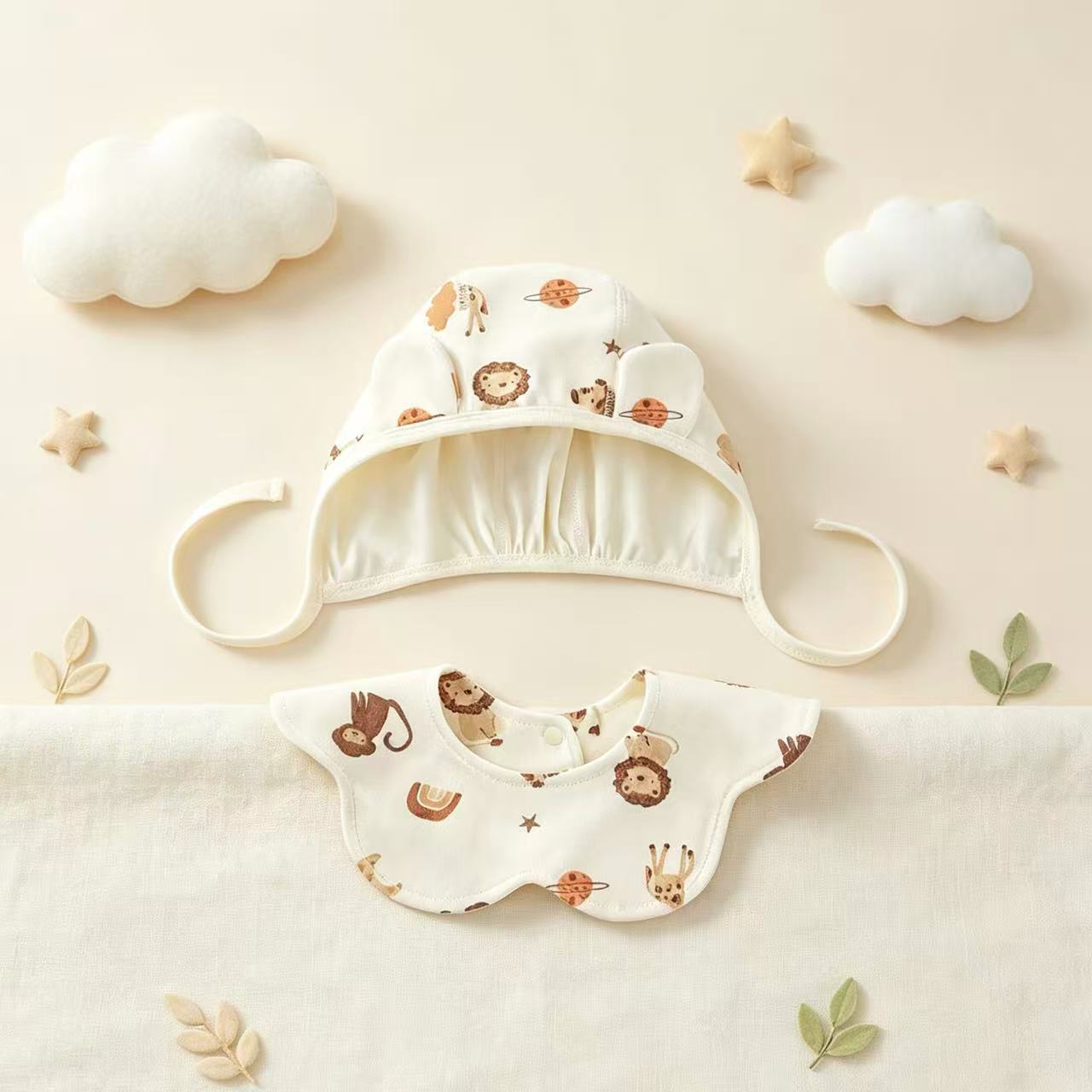 100% Organic Cotton Safari Animal Print Baby Ear Bonnet & Bib 2Pcs Set