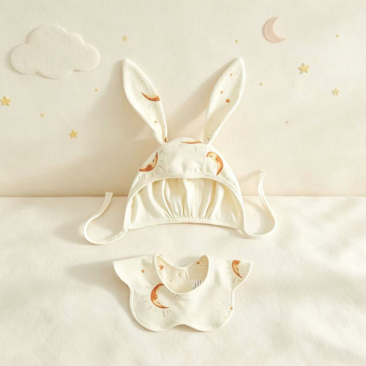 100% Organic Cotton Moon & Star Print Baby Long Ear Bonnet & Bib 2Pcs Set