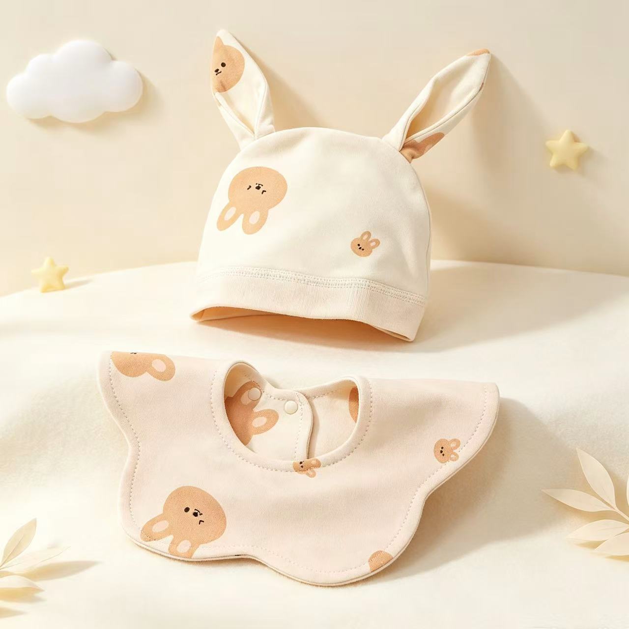 100% Organic Cotton Cute Bunny Print Baby  Ear Hat & Cloud Bib 2Pcs Set