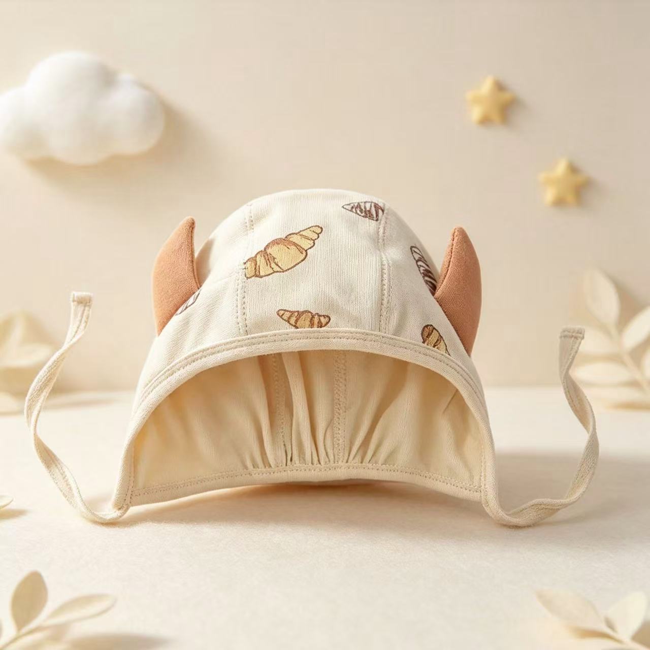 100% Organic Cotton Croissant Print Horn Baby Bonnet