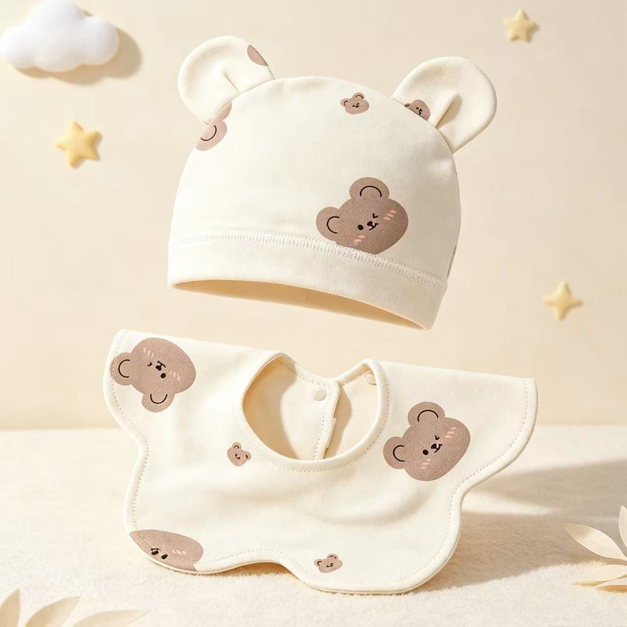 100% Organic Cotton Wink Bear Print Baby 3D Ear Hat & Cloud Bib 2Pcs Set