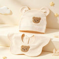 100% Organic Cotton Fuzzy Bear Patch Baby Ear Hat & Cloud Bib 2Pcs Set