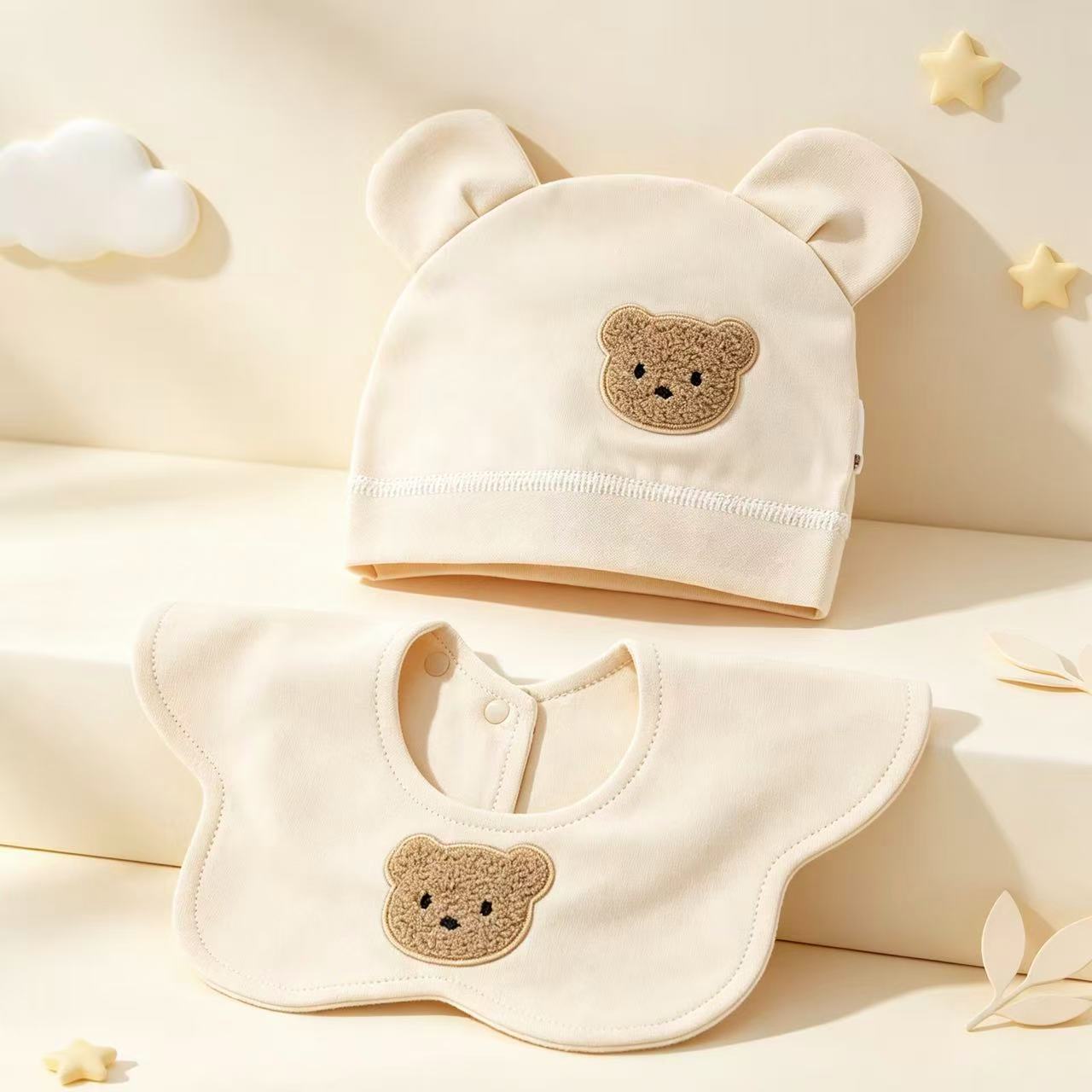 100% Organic Cotton Fuzzy Bear Patch Baby Ear Hat & Cloud Bib 2Pcs Set
