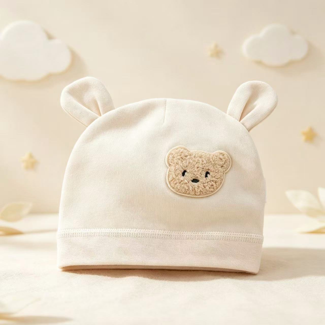 100% Organic Cotton Bear Ear Patch Baby Beanie