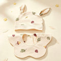 100% Organic Cotton Acorn & Leaf Print Baby Long Ear Hat & Cloud Bib 2Pcs Set